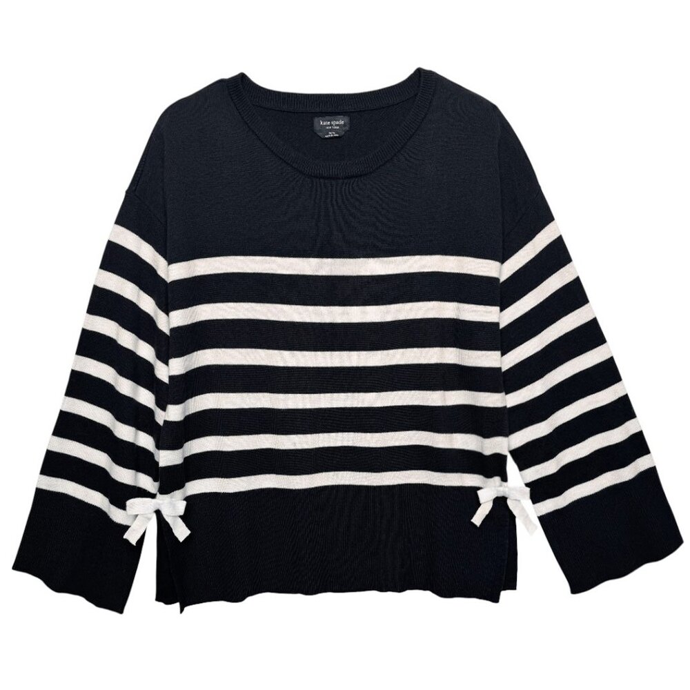 KATE SPADE SOFT KNIT STRIPED CREWNECK SWEATER LOUNGE CLASSIC BLACK MED